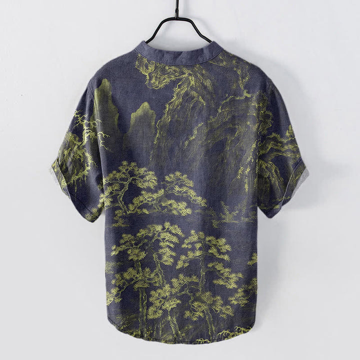 Buddha Stones Chemise à manches courtes et demi-boutonnée en coton à motif de pin doré des montagnes pour homme - image 6