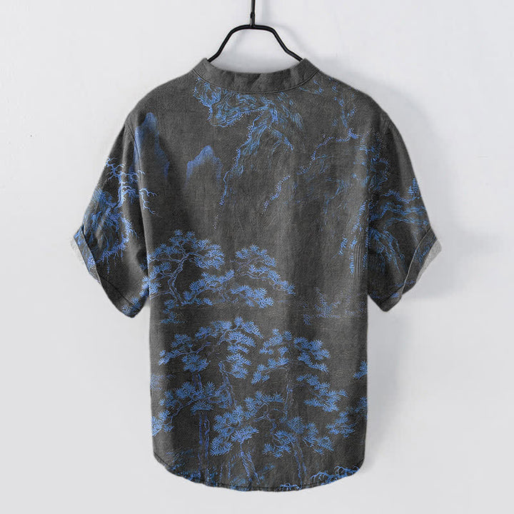 Buddha Stones Chemise à manches courtes et demi-boutonnée en coton à motif de pin doré des montagnes pour homme - image 8