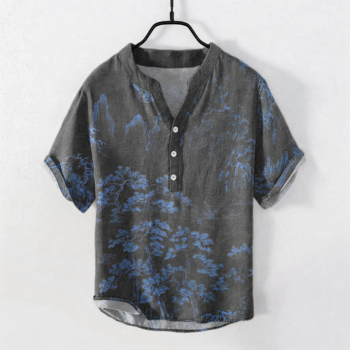 Buddha Stones Chemise à manches courtes et demi-boutonnée en coton à motif de pin doré des montagnes pour homme - Bleu royal - US/UK/AU50，EU60 (5XL) - image 7