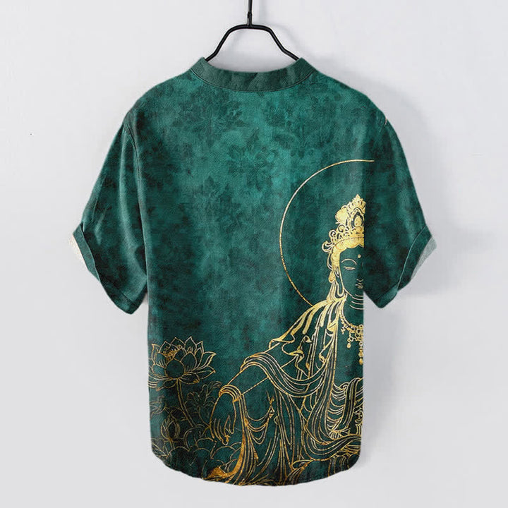 Buddha Stones Chemise homme à manches courtes et demi-boutonnée en coton à motif de lotus et Bouddha doré - image 1