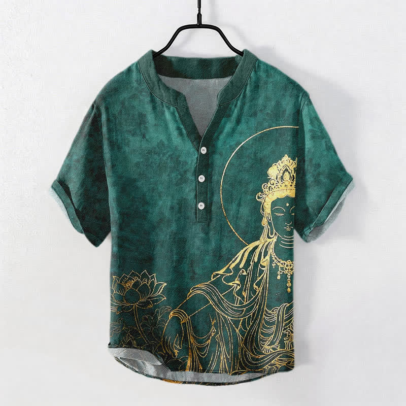 Buddha Stones Chemise homme à manches courtes et demi-boutonnée en coton à motif de lotus et Bouddha doré - Vert d'eau - US/UK/AU50，EU60 (5XL) - image 0