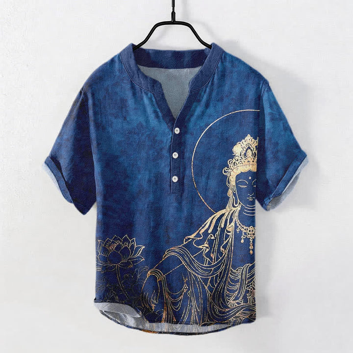 Buddha Stones Chemise homme à manches courtes et demi-boutonnée en coton à motif de lotus et Bouddha doré - Marine - US/UK/AU50，EU60 (5XL) - image 5