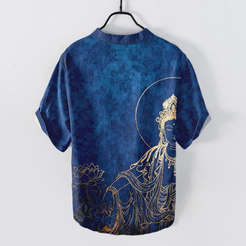 Buddha Stones Chemise homme à manches courtes et demi-boutonnée en coton à motif de lotus et Bouddha doré - image 6