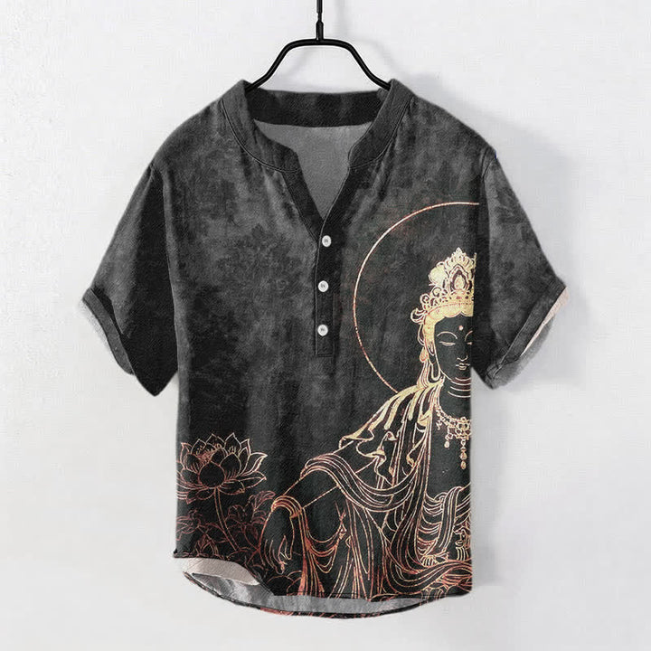 Buddha Stones Chemise homme à manches courtes et demi-boutonnée en coton à motif de lotus et Bouddha doré - Gris sombre - US/UK/AU50，EU60 (5XL) - image 7