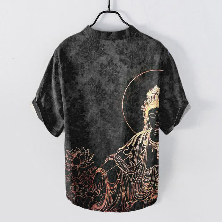 Buddha Stones Chemise homme à manches courtes et demi-boutonnée en coton à motif de lotus et Bouddha doré - image 8