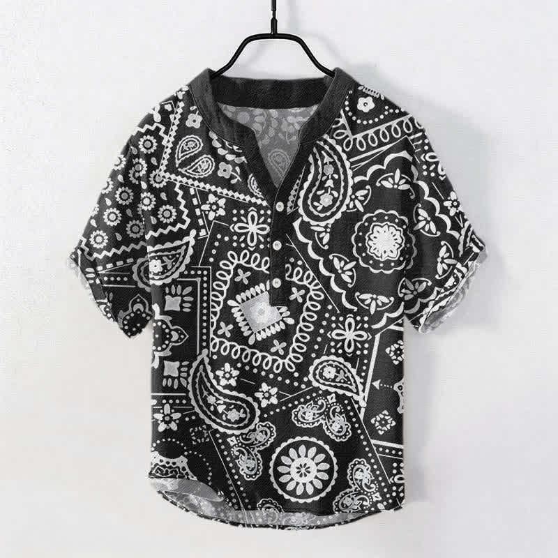 Buddha Stones Chemise homme classique en coton blanc à motif cachemire, manches courtes et demi-boutonnée - Noir - US/UK/AU50，EU60 (5XL) - image 0