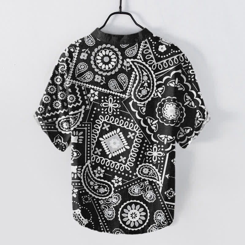 Buddha Stones Chemise homme classique en coton blanc à motif cachemire, manches courtes et demi-boutonnée - image 1