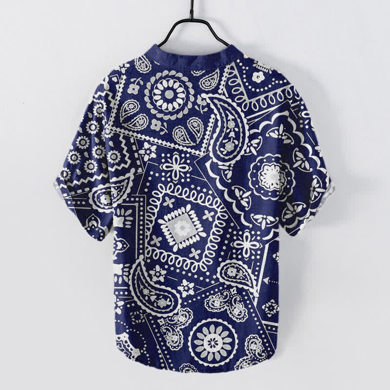 Buddha Stones Chemise homme classique en coton blanc à motif cachemire, manches courtes et demi-boutonnée - image 6