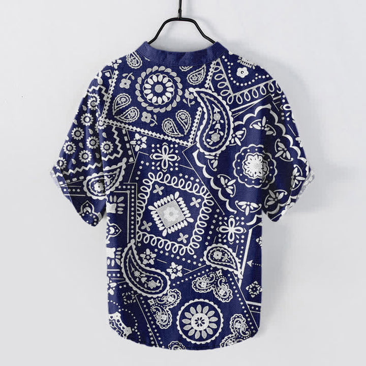 Buddha Stones Chemise homme classique en coton blanc à motif cachemire, manches courtes et demi-boutonnée - image 6