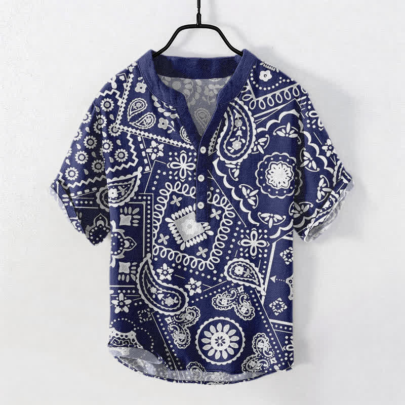 Buddha Stones Chemise homme classique en coton blanc à motif cachemire, manches courtes et demi-boutonnée - Marine - US/UK/AU50，EU60 (5XL) - image 5