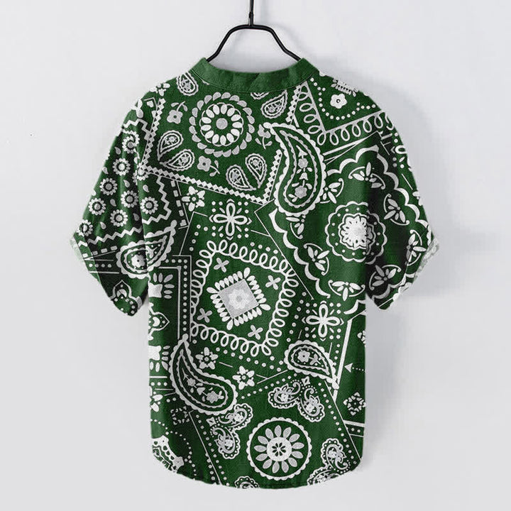 Buddha Stones Chemise homme classique en coton blanc à motif cachemire, manches courtes et demi-boutonnée - image 8