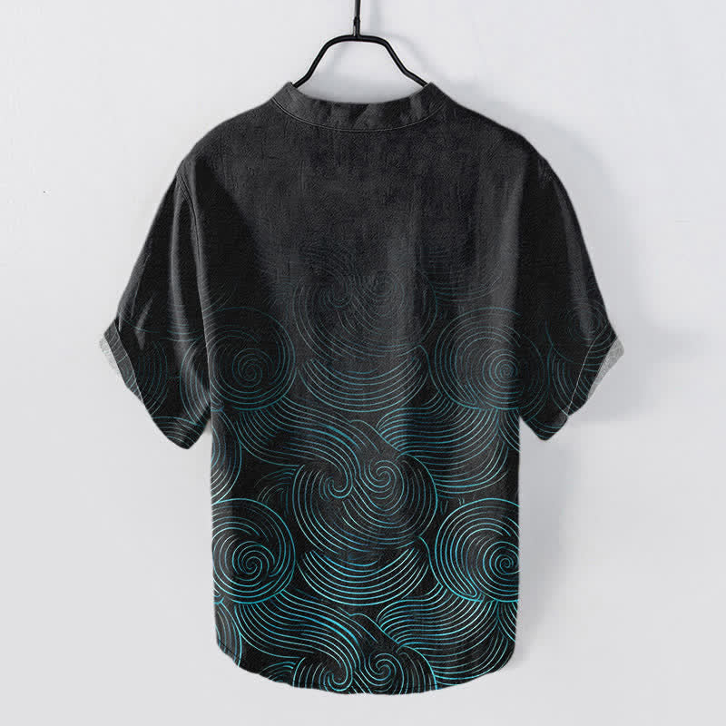 Buddha Stones Chemise à manches courtes et demi-boutonnages pour homme, en coton à motif ondulé concentrique - image 1