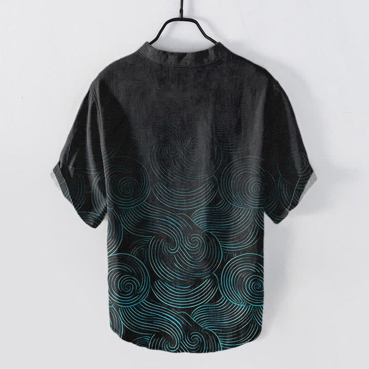 Buddha Stones Chemise à manches courtes et demi-boutonnages pour homme, en coton à motif ondulé concentrique - image 1