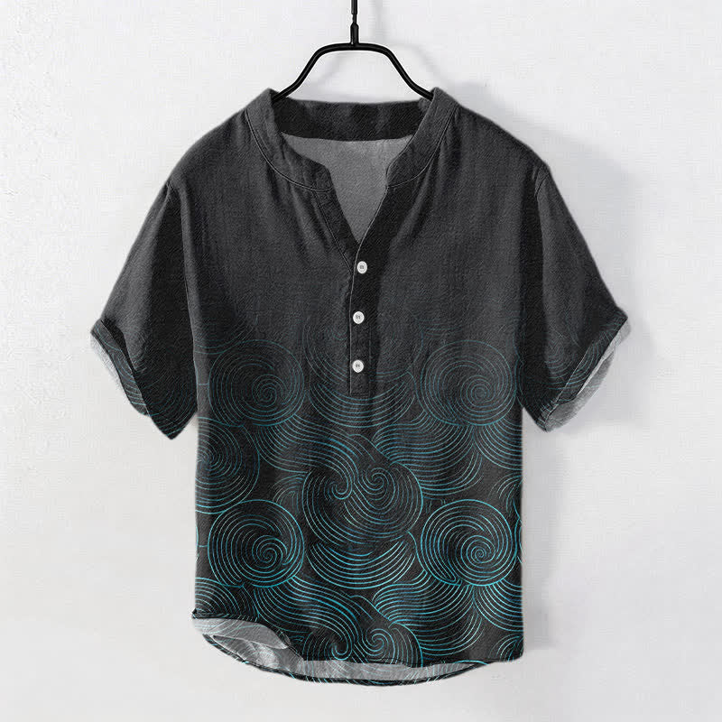 Buddha Stones Chemise à manches courtes et demi-boutonnages pour homme, en coton à motif ondulé concentrique - Noir - US/UK/AU50，EU60 (5XL) - image 0