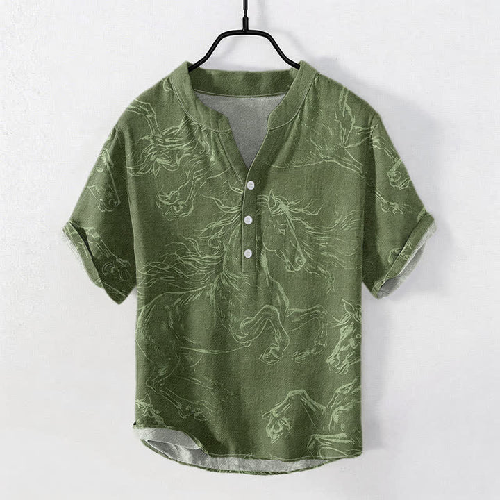 Buddha Stones Chemise à manches courtes et demi-boutonnée pour homme, motif de cheval au galop, en coton - Vert olive - US/UK/AU50，EU60 (5XL) - image 0