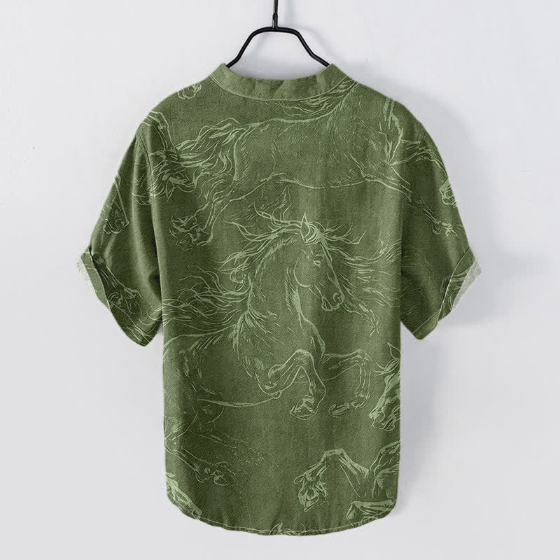 Buddha Stones Chemise à manches courtes et demi-boutonnée pour homme, motif de cheval au galop, en coton - image 1