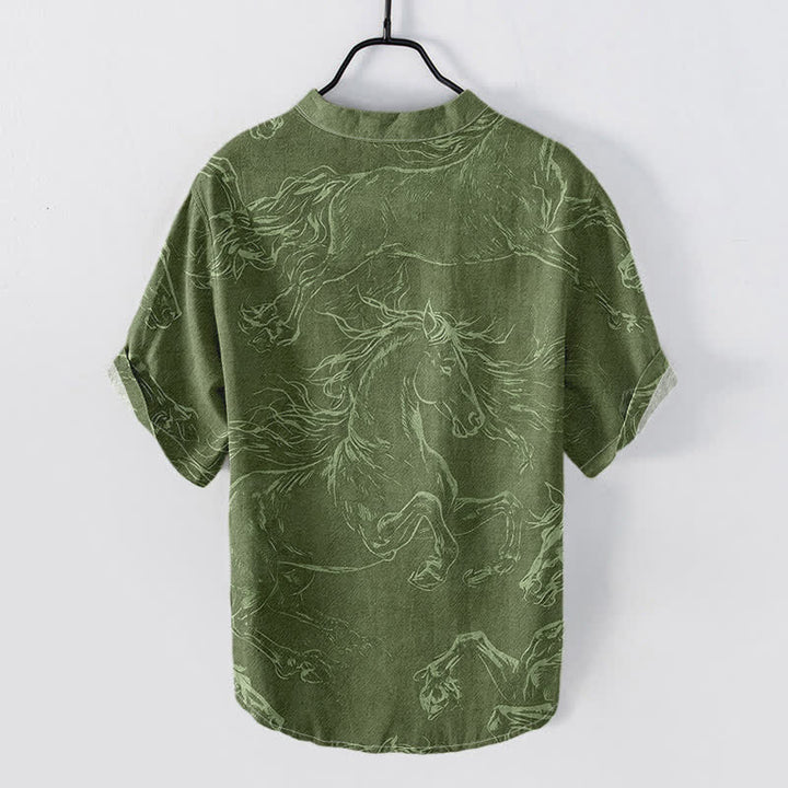 Buddha Stones Chemise à manches courtes et demi-boutonnée pour homme, motif de cheval au galop, en coton - image 1