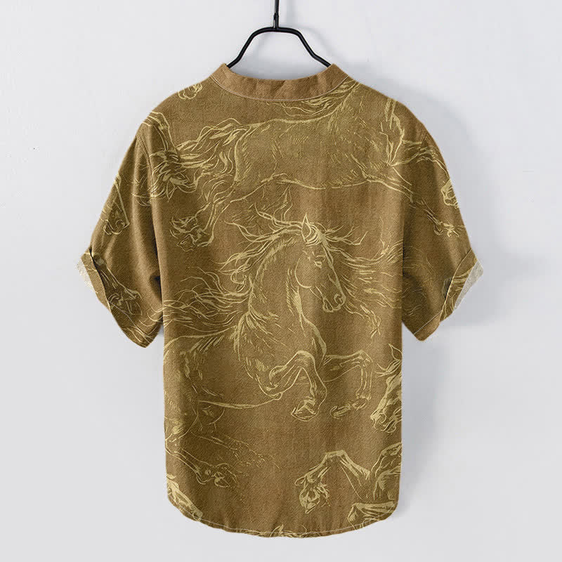 Buddha Stones Chemise à manches courtes et demi-boutonnée pour homme, motif de cheval au galop, en coton - image 4