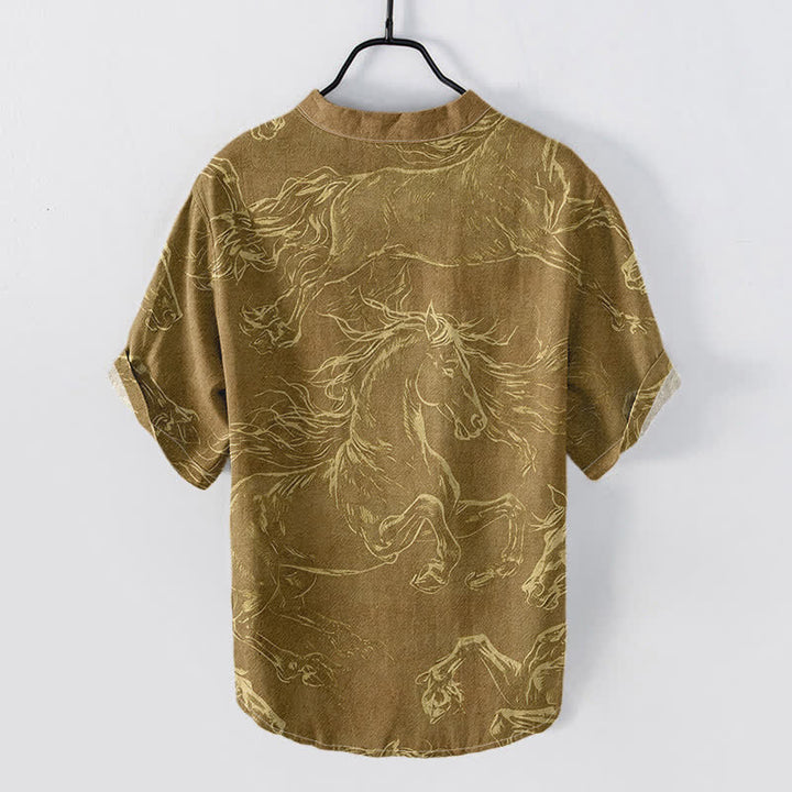 Buddha Stones Chemise à manches courtes et demi-boutonnée pour homme, motif de cheval au galop, en coton - image 4