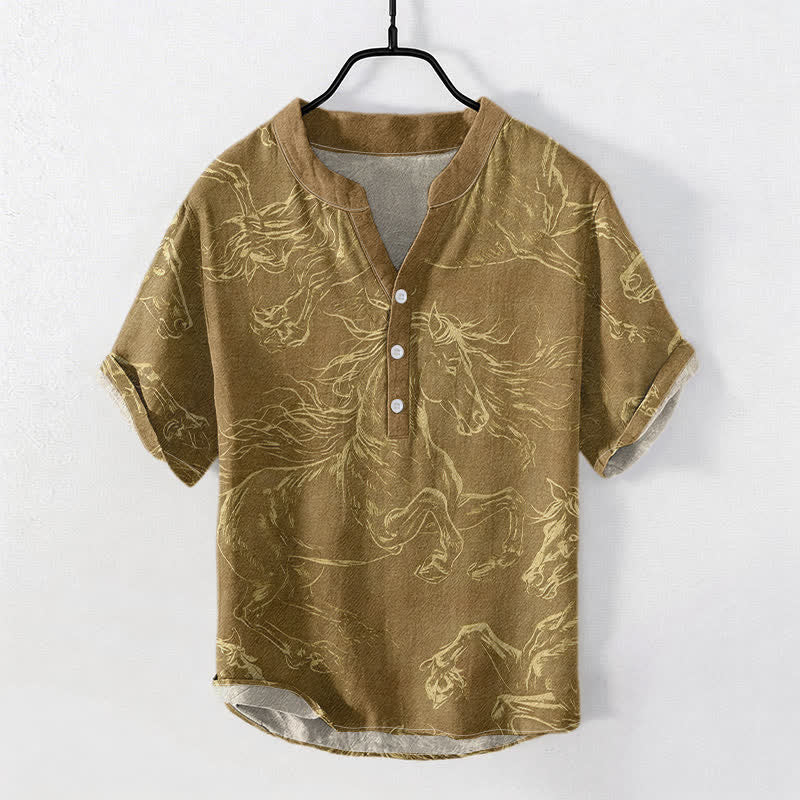 Buddha Stones Chemise à manches courtes et demi-boutonnée pour homme, motif de cheval au galop, en coton - Pérou - US/UK/AU50，EU60 (5XL) - image 3