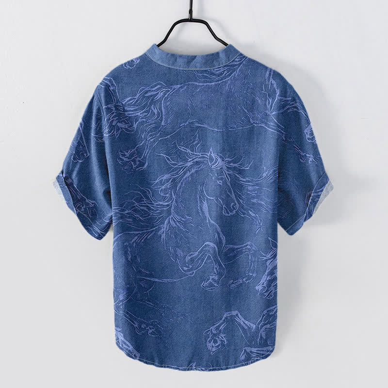 Buddha Stones Chemise à manches courtes et demi-boutonnée pour homme, motif de cheval au galop, en coton - image 6
