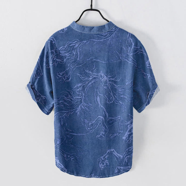 Buddha Stones Chemise à manches courtes et demi-boutonnée pour homme, motif de cheval au galop, en coton - image 6