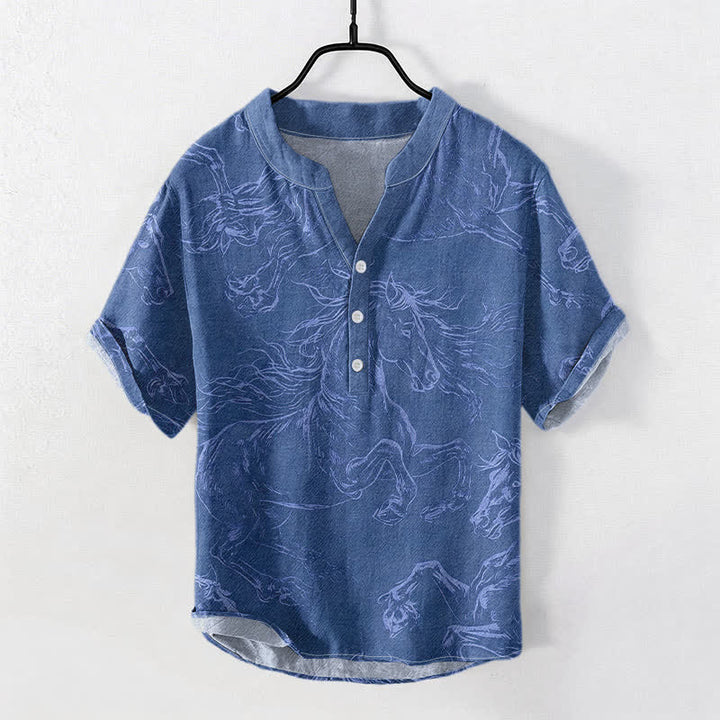 Buddha Stones Chemise à manches courtes et demi-boutonnée pour homme, motif de cheval au galop, en coton - SteelBlue - US/UK/AU50，EU60 (5XL) - image 5