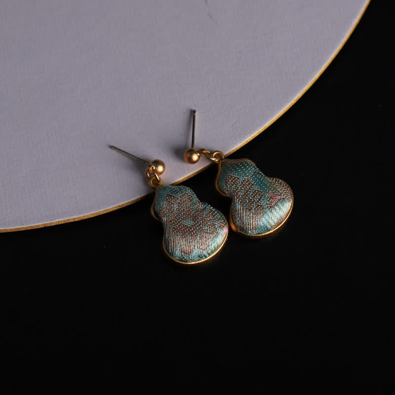 Buddha Stones Boucles d'oreilles pendantes artisanales en brocart Song, en forme de gourde, motif floral et bénédiction - Brocart Chant (Prospérité♥Harmonie) - image 0