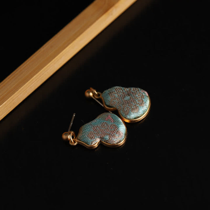 Buddha Stones Boucles d'oreilles pendantes artisanales en brocart Song, en forme de gourde, motif floral et bénédiction - image 7
