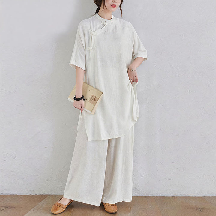 Ensemble de 2 pièces en coton et lin avec haut et pantalon pour femme Buddha Stones et méditation Zen Tai Chi - Blanc (Haut et pantalon) - US12，UK/AU16，EU44 (2XL) - image 13