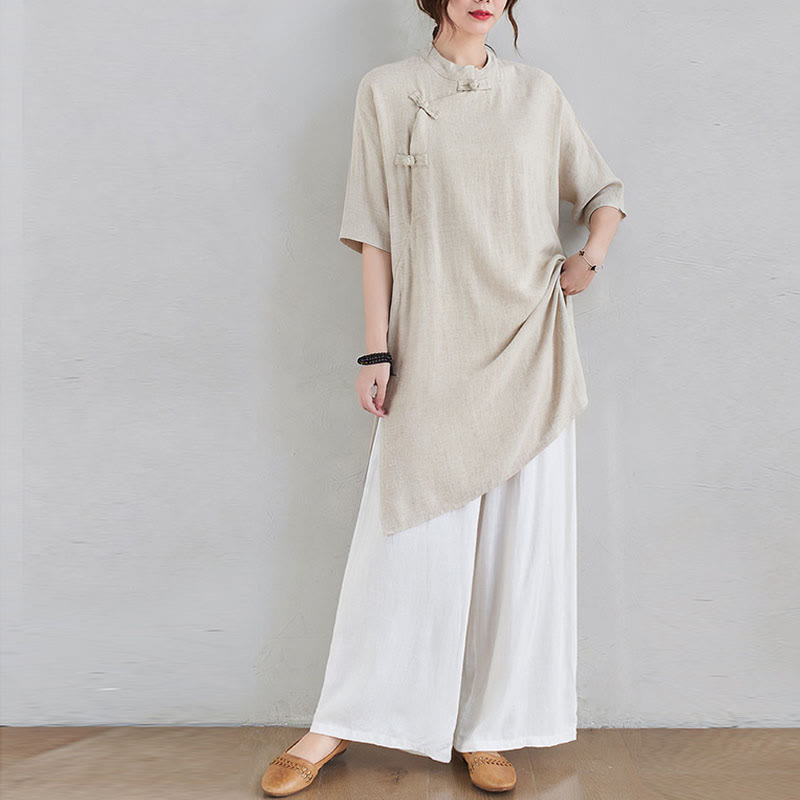 Ensemble de 2 pièces en coton et lin avec haut et pantalon pour femme Buddha Stones et méditation Zen Tai Chi - Haut beige et pantalon blanc - US12，UK/AU16，EU44 (2XL) - image 0