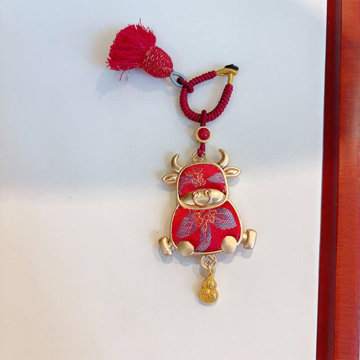 Buddha Stones Porte-clés porte-bonheur à pompon du zodiaque chinois, fait main et brodé Song Brocade - Bœuf - Rouge - image 19