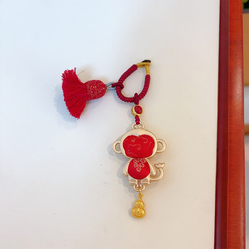 Buddha Stones Porte-clés porte-bonheur à pompon du zodiaque chinois, fait main et brodé Song Brocade - Singe - Rouge - image 31