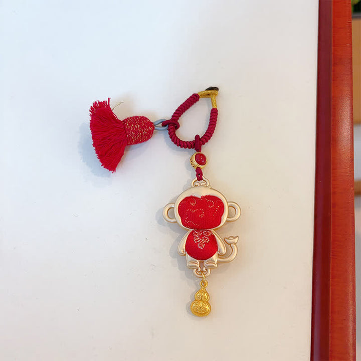 Buddha Stones Porte-clés porte-bonheur à pompon du zodiaque chinois, fait main et brodé Song Brocade - Singe - Rouge - image 31