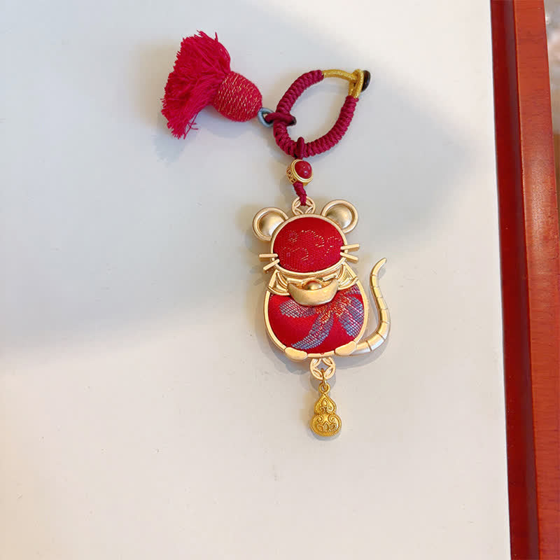 Buddha Stones Porte-clés porte-bonheur à pompon du zodiaque chinois, fait main et brodé Song Brocade - Rat - Rouge - image 17