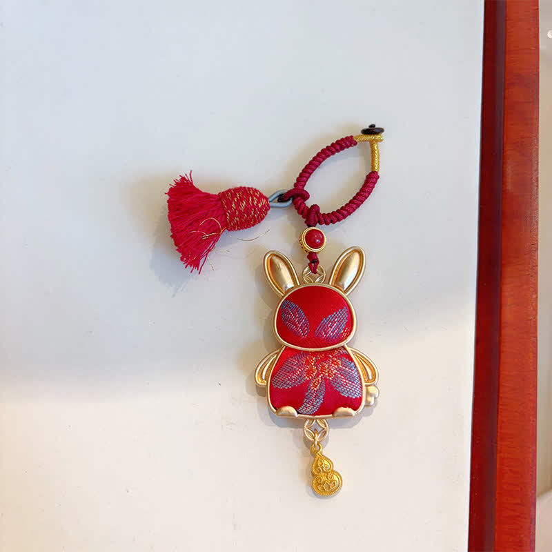 Buddha Stones Porte-clés porte-bonheur à pompon du zodiaque chinois, fait main et brodé Song Brocade - Lapin - Rouge - image 23
