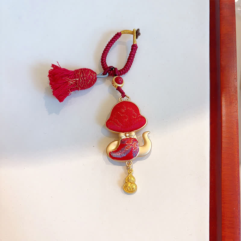 Buddha Stones Porte-clés porte-bonheur à pompon du zodiaque chinois, fait main et brodé Song Brocade - Serpent - Rouge - image 27