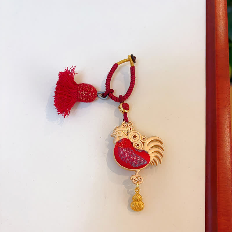 Buddha Stones Porte-clés porte-bonheur à pompon du zodiaque chinois, fait main et brodé Song Brocade - Coq - Rouge - image 33