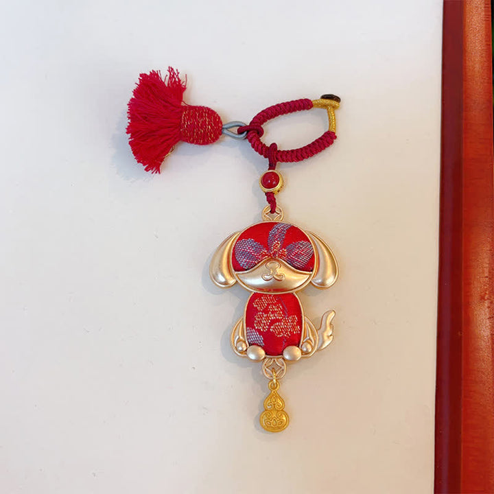 Buddha Stones Porte-clés porte-bonheur à pompon du zodiaque chinois, fait main et brodé Song Brocade - Chien - Rouge - image 35
