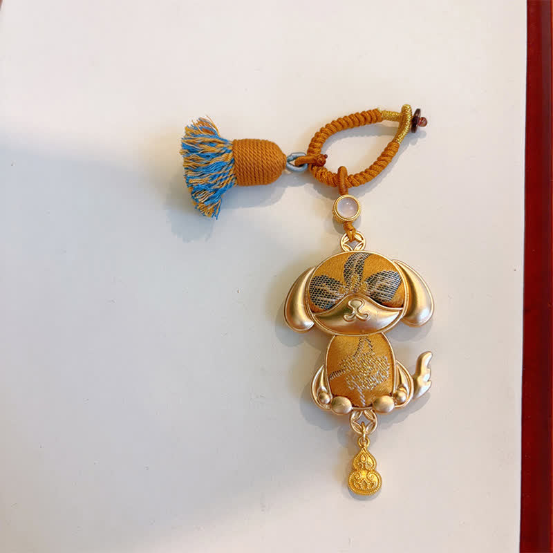 Buddha Stones Porte-clés porte-bonheur à pompon du zodiaque chinois, fait main et brodé Song Brocade - Chien - Jaune - image 36