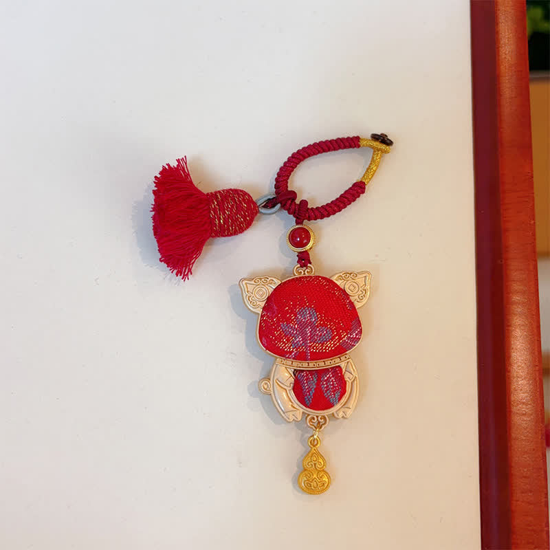 Buddha Stones Porte-clés porte-bonheur à pompon du zodiaque chinois, fait main et brodé Song Brocade - Cochon - Rouge - image 37