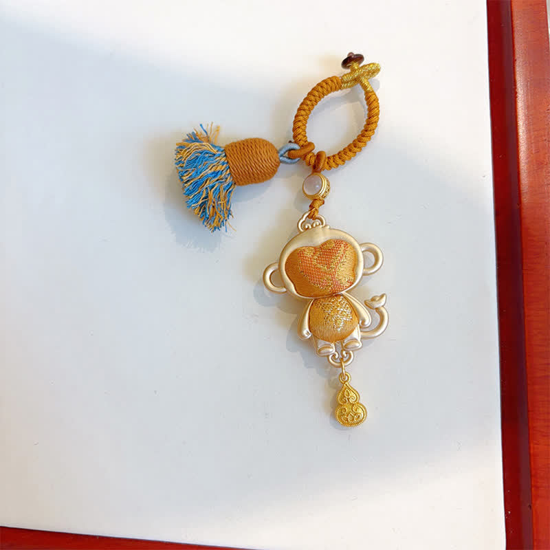 Buddha Stones Porte-clés porte-bonheur à pompon du zodiaque chinois, fait main et brodé Song Brocade - Singe - Jaune - image 32