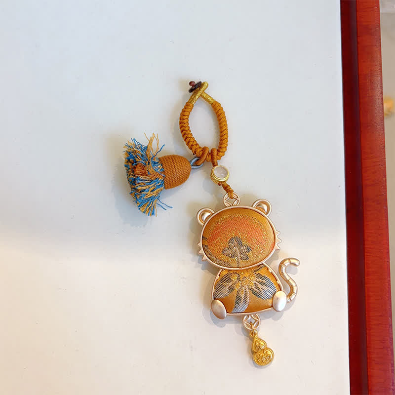 Buddha Stones Porte-clés porte-bonheur à pompon du zodiaque chinois, fait main et brodé Song Brocade - Tigre - Jaune - image 22