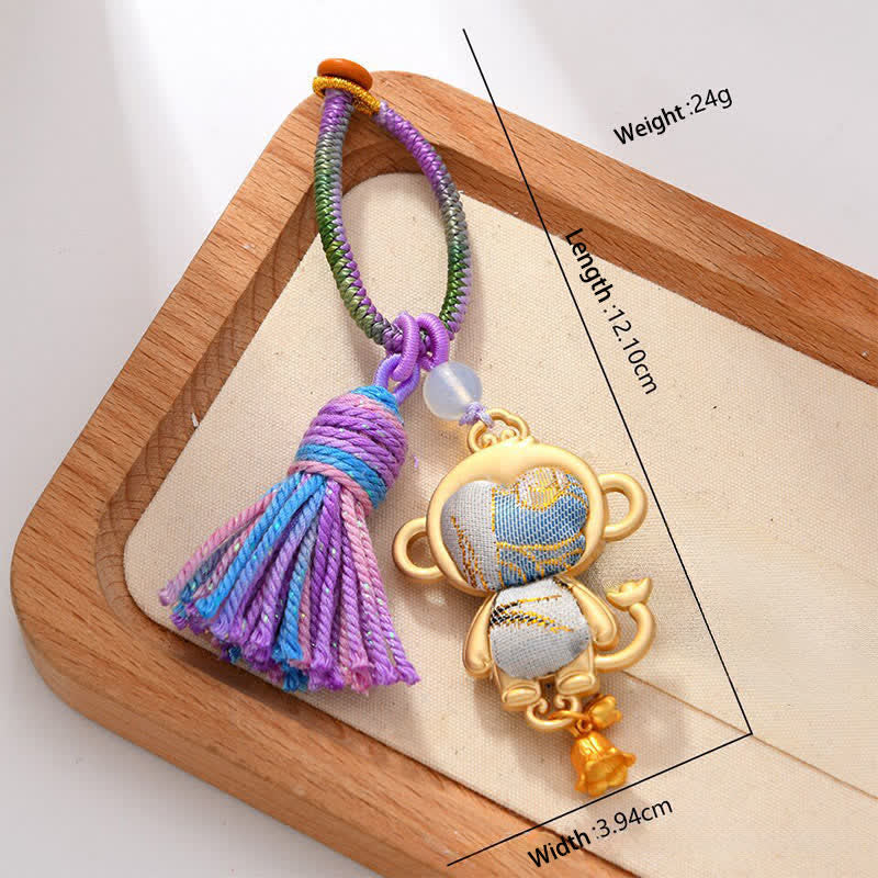 Buddha Stones Porte-clés pompon porte-bonheur en brocart Song fait main, signe du zodiaque chinois - Singe - image 19