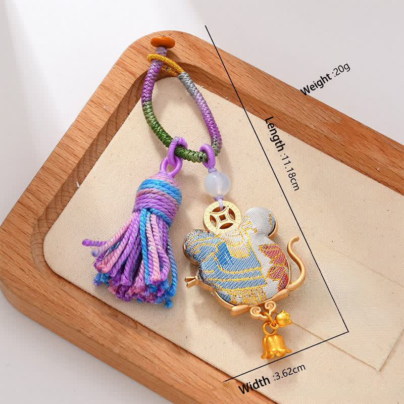 Buddha Stones Porte-clés pompon porte-bonheur en brocart Song fait main, signe du zodiaque chinois - Rat - image 12