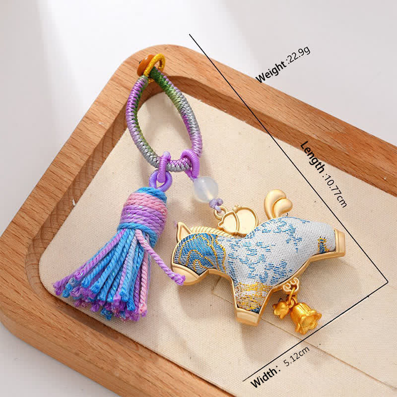 Buddha Stones Porte-clés pompon porte-bonheur en brocart Song fait main, signe du zodiaque chinois - Cheval - image 18