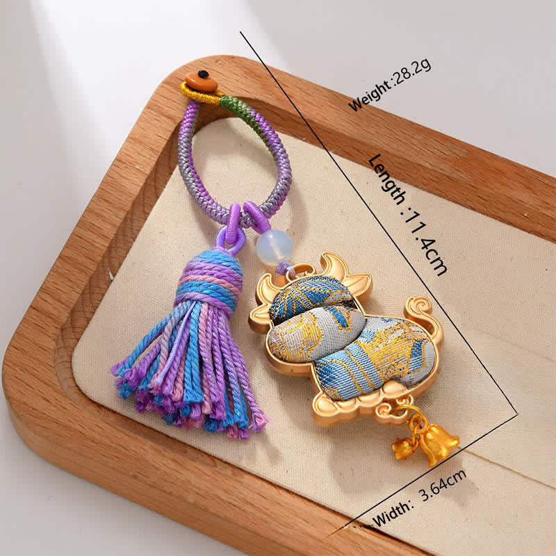 Buddha Stones Porte-clés pompon porte-bonheur en brocart Song fait main, signe du zodiaque chinois - Bœuf - image 13