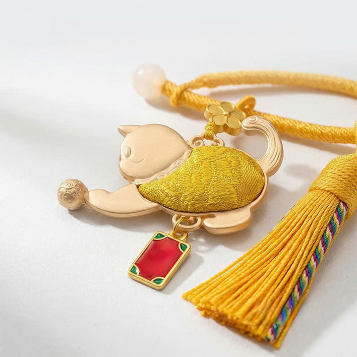 Buddha Stones Coffret cadeau porte-clés chat porte-bonheur en brocart Song Brocade avec pompon - image 2