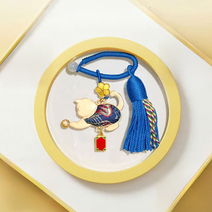 Buddha Stones Coffret cadeau porte-clés chat porte-bonheur en brocart Song Brocade avec pompon - Bleu - Brocart Chant (Prospérité♥Harmonie) - image 6