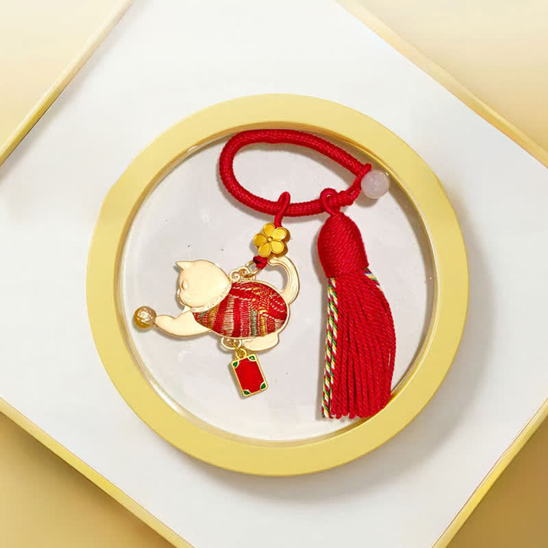 Buddha Stones Coffret cadeau porte-clés chat porte-bonheur en brocart Song Brocade avec pompon - Rouge - Brocart Chant (Prospérité♥Harmonie) - image 5